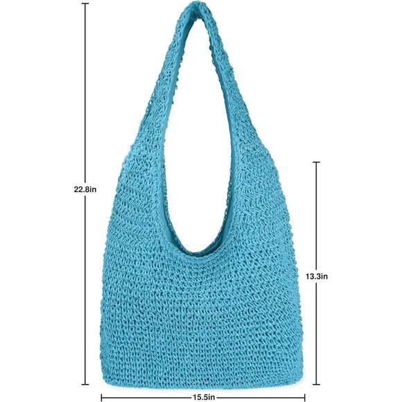 Women's Blue Large Straw Beach Bag Handmade Woven Shoulder Hobo Tote Handbag - Picture 5 of 5